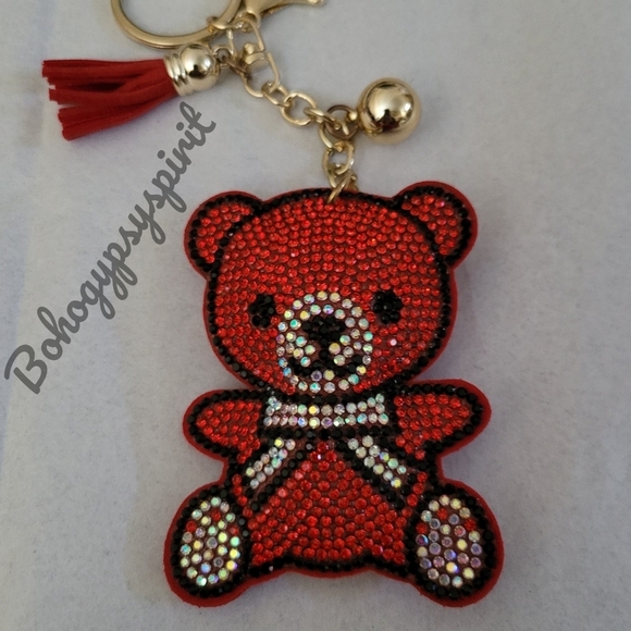 Bling Teddy Bear Crystal Rhinestone Keychain Bag Charm With Red Tassel - Picture 9 of 15